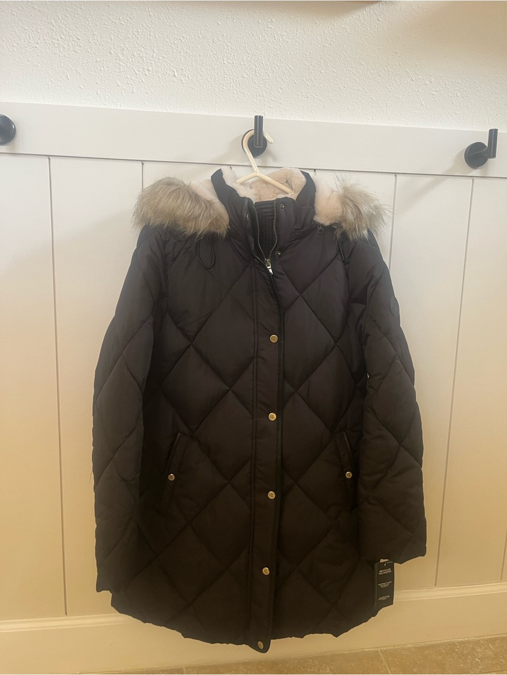 Ralph Lauren Black Quilted Puffer Coat with Faux Fur Trim